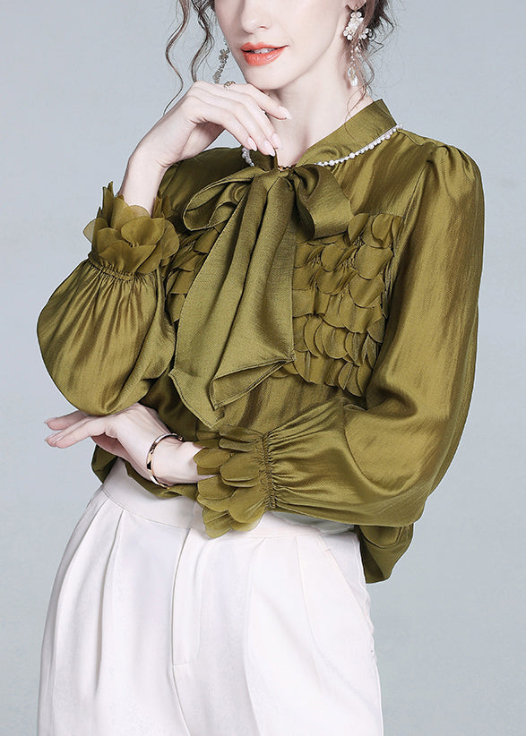 Fashion Mustard Green Bow Solid Silk Shirt Petal Sleeve