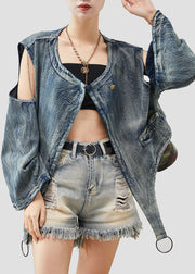 Fashion Navy Asymmetrical Cold Shoulder Denim Jacket Spring