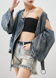 Fashion Navy Asymmetrical Cold Shoulder Denim Jacket Spring