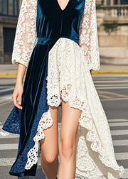 Fashion Navy Asymmetrical Lace Patchwork Silk Velvet Dresses Summer