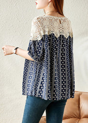 Fashion Navy O-Neck Print Lace Patchwork Shirt Summer