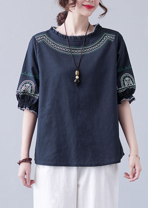 Fashion Navy Original Design Ruffled Embroideried Cotton Top Lantern Sleeve