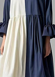 Fashion Navy Oversized Patchwork Cotton Pleated Dress Flare Sleeve