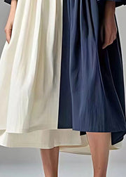 Fashion Navy Oversized Patchwork Cotton Pleated Dress Flare Sleeve