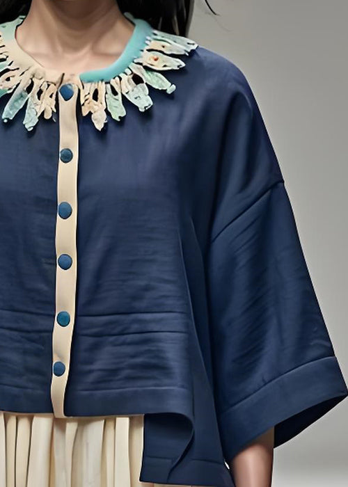 Fashion Navy Petal Neck Button Patchwork Cotton Short Coat Bracelet Sleeve