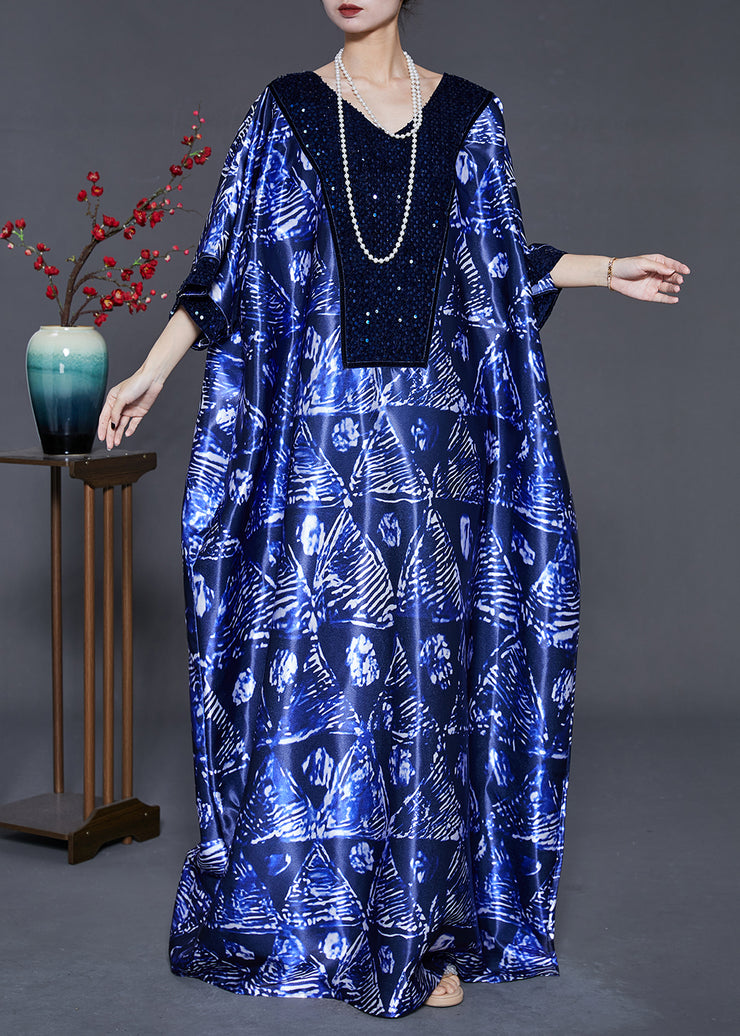 Fashion Navy Sequins Print Silk Long Dress Batwing Sleeve