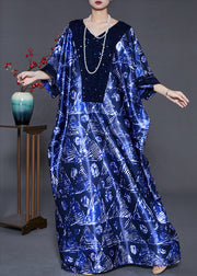 Fashion Navy Sequins Print Silk Long Dress Batwing Sleeve