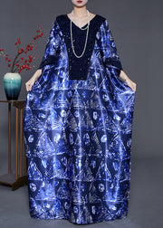 Fashion Navy Sequins Print Silk Long Dress Batwing Sleeve