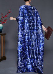 Fashion Navy Sequins Print Silk Long Dress Batwing Sleeve