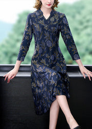 Fashion Navy V Neck Print Slim Fit Long Dresses Bracelet Sleeve