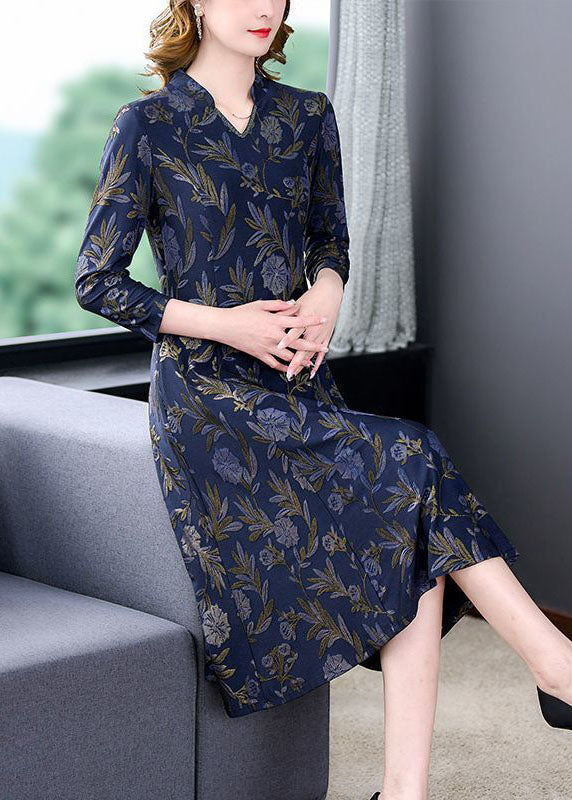 Fashion Navy V Neck Print Slim Fit Long Dresses Bracelet Sleeve