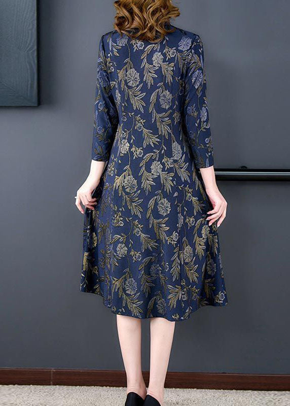 Fashion Navy V Neck Print Slim Fit Long Dresses Bracelet Sleeve