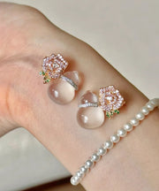 Fashion Nude Alloy Zircon Chalcedony Gourd Floral Stud Earrings