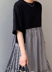 Fashion black print O-Neck Asymmetrical Plaid mosaic dress