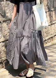 Fashion black print O-Neck Asymmetrical Plaid mosaic dress