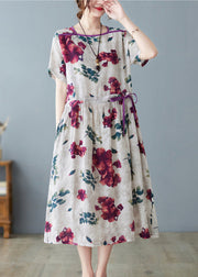 Fashion O-Neck Print Drawstring Tie Waist Long Dress Summer