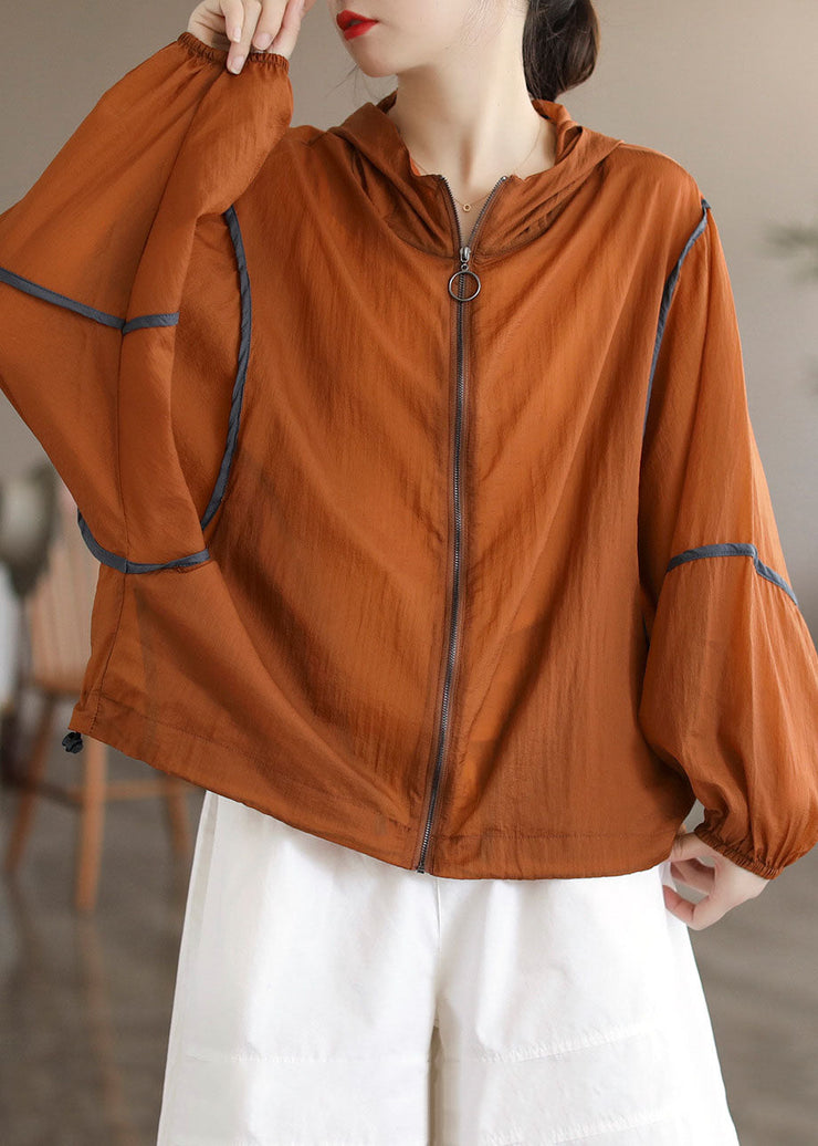 Fashion Orange Hooded Patchwork Cotton Coat Long Sleeve