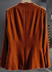 Fashion Orange O-Neck Button Patchwork Silk Velour Coats Spring