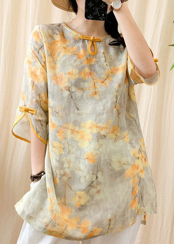 Fashion Orange O-Neck Print Button Side Open Linen Shirt Half Sleeve