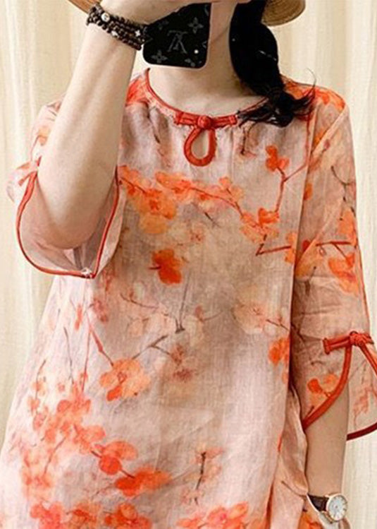 Fashion Orange O-Neck Print Button Side Open Linen Shirt Half Sleeve