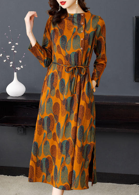 Fashion Orange Print Tie Waist Long Dresses Long Sleeve