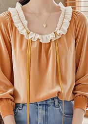 Fashion Orange Ruffled Patchwork Velour Shirt Top Fall