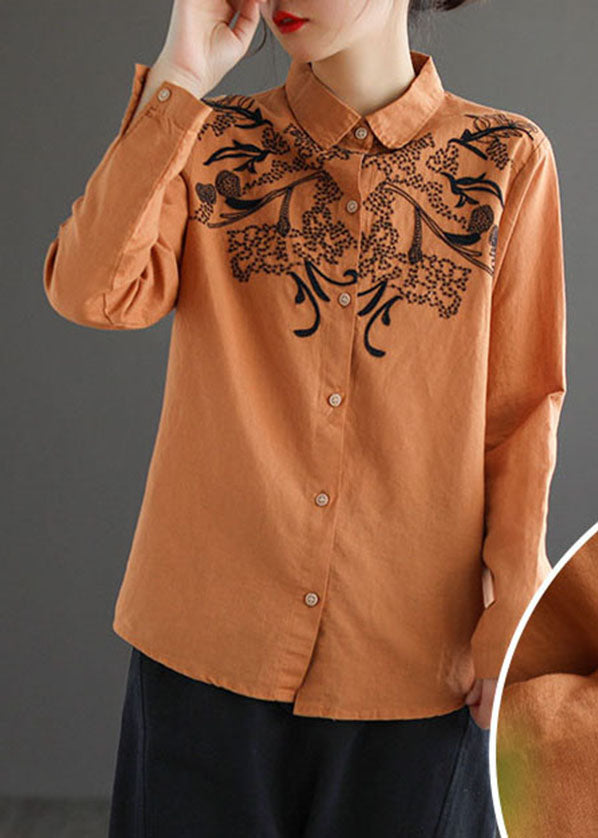 Fashion Orange Turn-down Collar Embroideried Cotton Shirt Top Long Sleeve