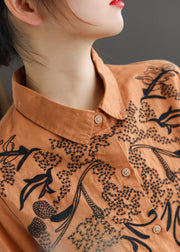 Fashion Orange Turn-down Collar Embroideried Cotton Shirt Top Long Sleeve