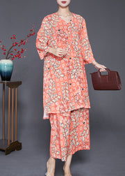 Fashion Orange V Neck Pring Cotton Two Piece Suit Set Fall