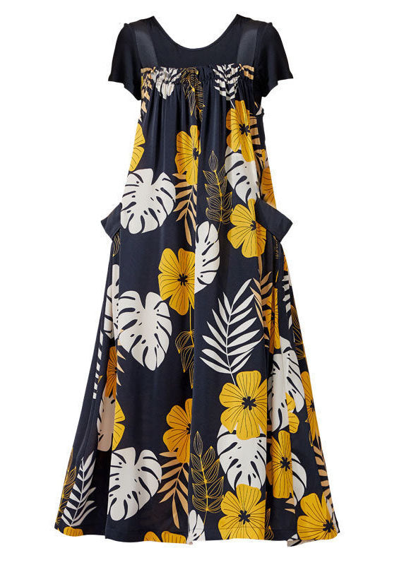 Fashion Oversized Floral Print Silk A Line Strap Dresses Summer