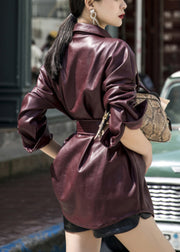 Fashion Oversized Mulberry Tie Waist Faux Leather Coats Spring