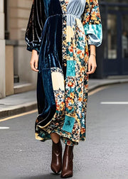 Fashion Peacock Blue V Neck Patchwork Print Silk Velvet Ankle Dress Fall