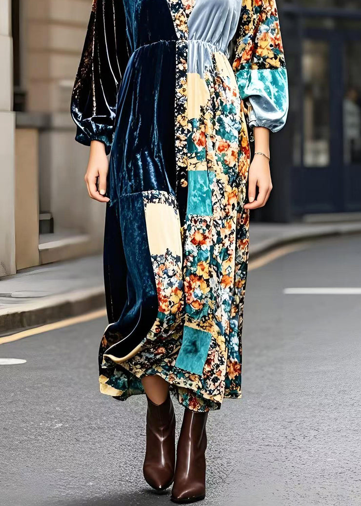 Fashion Peacock Blue V Neck Patchwork Print Silk Velvet Ankle Dress Fall