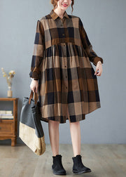 Fashion Peter Pan Collar Button Wrinkled Long Plaid Shirts Dress Long Sleeve