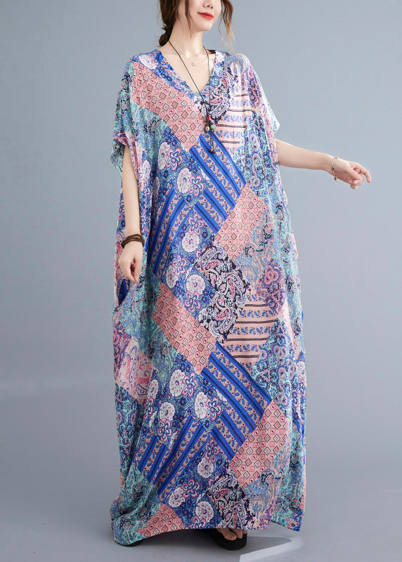 Fashion Pink Blue Print Cotton Beach Long Dresses Summer