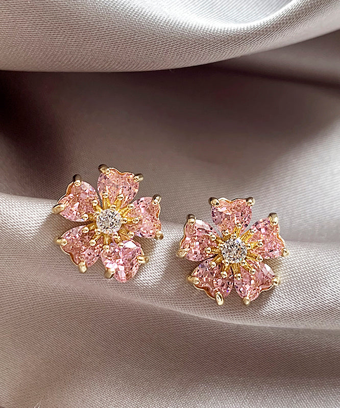 Fashion Pink Copper Alloy Zircon Floral Stud Earrings