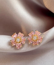 Fashion Pink Copper Alloy Zircon Floral Stud Earrings