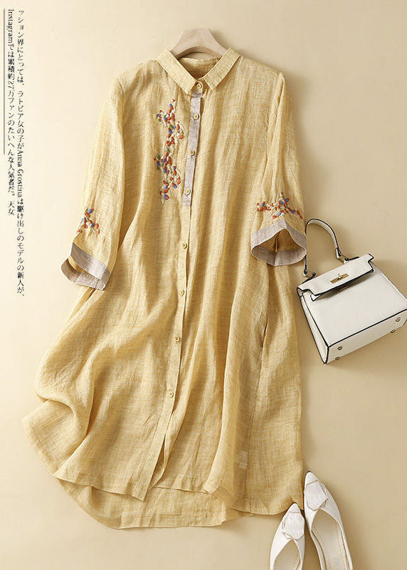 Fashion blue cashew nuts Embroidered Patchwork Linen Shirt Dress Summer