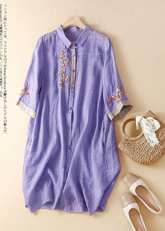 Fashion green polka dots Embroidered Patchwork Linen Shirt Dress Summer