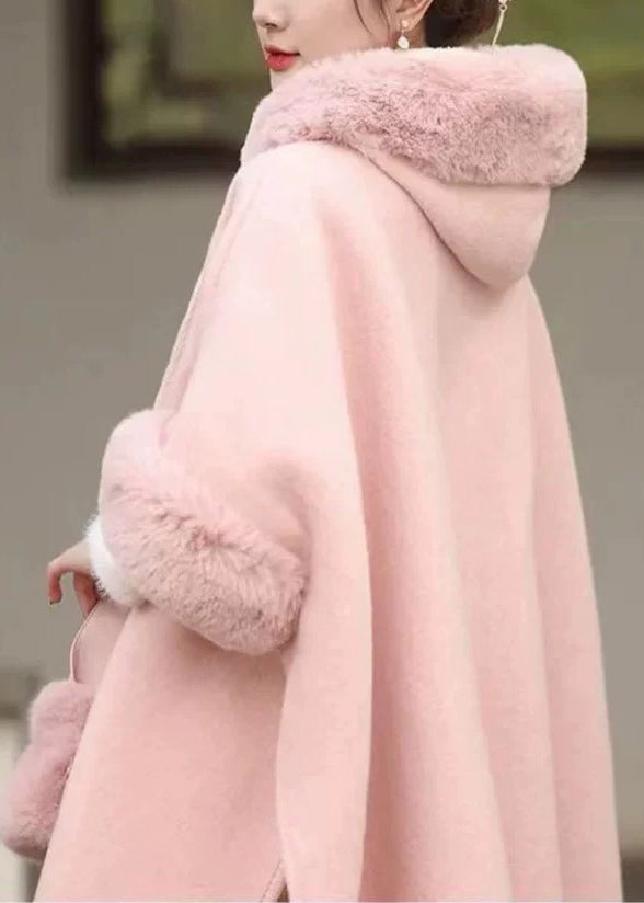 Fashion Pink Fur Collar Tassel Hooded Woolen Coat Fall