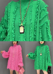 Fashion Pink Hign Neck Tassel Chunky Knit Sweater Winter