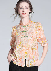 Fashion Pink Lace Embroideried Patchwork Silk Blouse Tops Spring