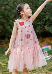 Fashion Pink Love Print Patchwork Wrinkled Tulle Kids Long Dresses Summer