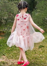 Fashion Pink Love Print Patchwork Wrinkled Tulle Kids Long Dresses Summer