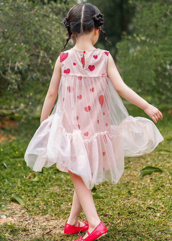 Fashion Pink Love Print Patchwork Wrinkled Tulle Kids Long Dresses Summer