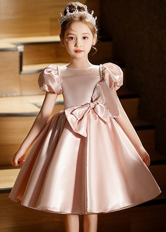 Fashion Pink O-Neck Bow Girls Silk Mid Dresses Puff Sleeve