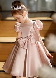 Fashion Pink O-Neck Bow Girls Silk Mid Dresses Puff Sleeve