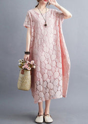 Fashion Pink O-Neck Embroideried Lace Dress Summer