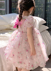 Fashion Pink O Neck Print Wrinkled Patchwork Tulle Kids Girls Dresses Summer