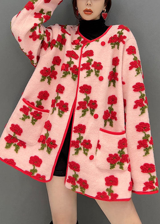 Fashion Pink Oversized Floral Jacquard Fluffy Coats Spring